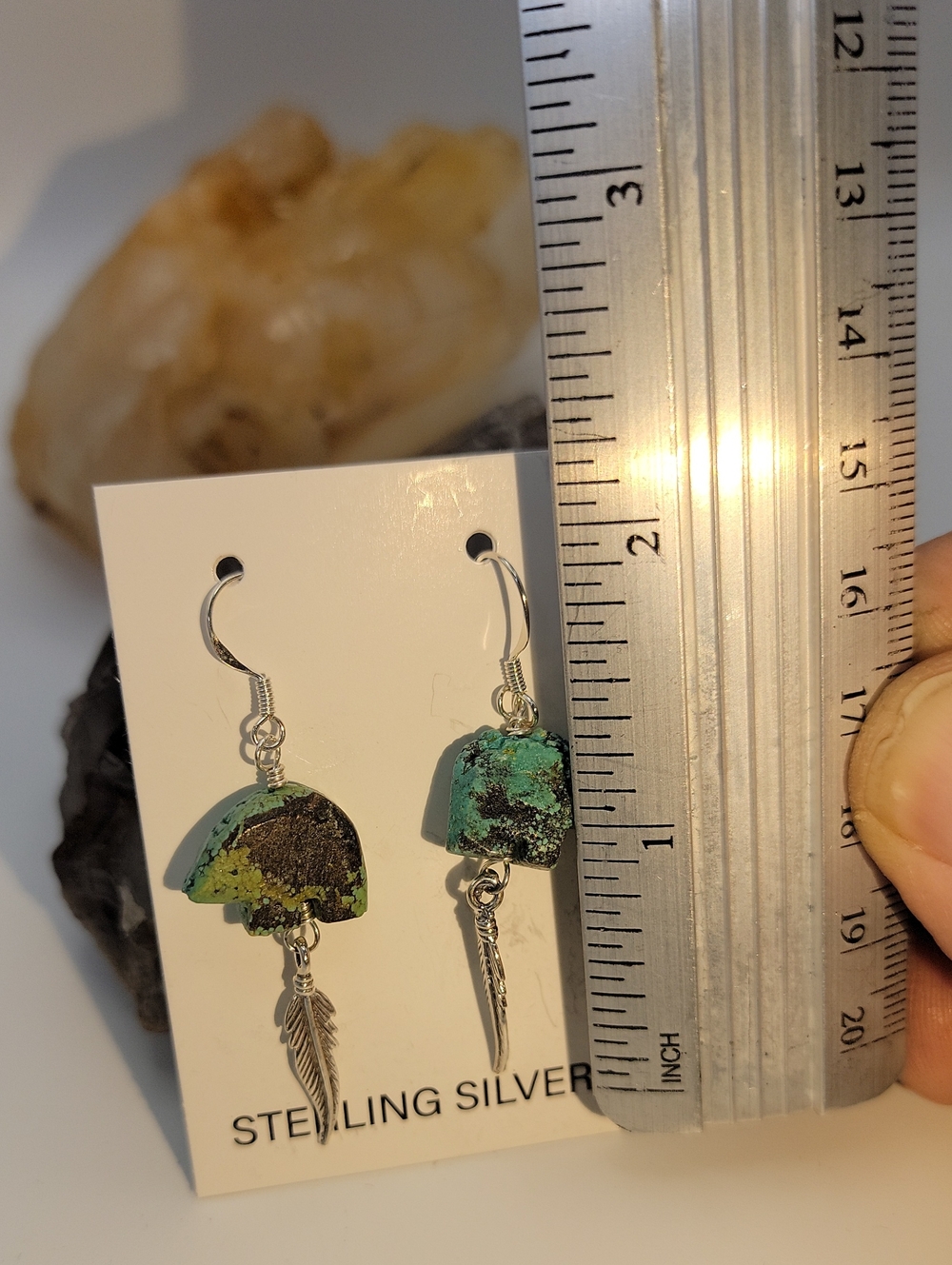 NEW Sterling Silver Kingman Turquoise Carved Bear & Feather Dangle Earrings - Picture 4 of 10